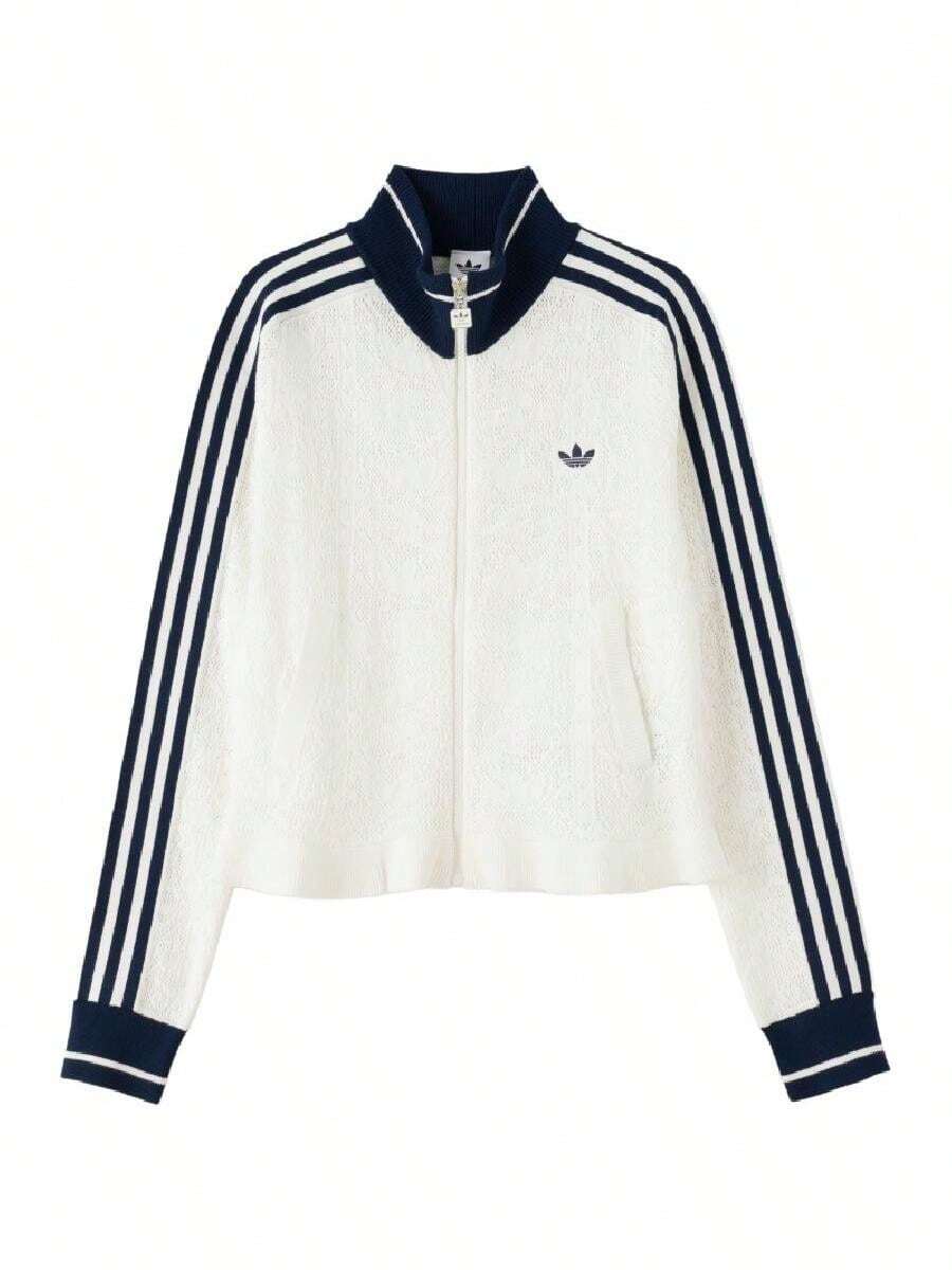 Adidas Women's Sports Jacket SPORTS TT W Stand Collar Contrast Trim Knit Cardigan KX6899 - Jade White/Dark Indigo - View 1
