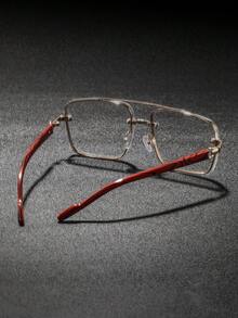 1 Pair Men's Double-Beam Large Square Frame Wood Grain Non-Prescription Glasses Glasses, Personalized Rugged Retro American Style Fashion Eyewear, Suitable For Commuting, Party, Gathering, Street Photography, Daily Casual Wear - Clear - View 5