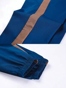1 Set Men's Brown & Blue Colorblock Hooded Sportswear, Spring/Autumn, Includes Colorblock Zip-Up Jacket & Cuffed Joggers - Royal Blue - View 8