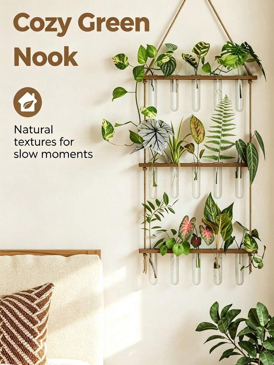 Multi-Layer 4-Hole Wall-Mounted Glass Hydroponic Plant Holder, Can Hang Test Tube Bottles, Clearly Display Green Plant Root System, Using Natural Rope Hanging, Ideal Choice For Living Room Or Bedroom - Multicolor - View 1