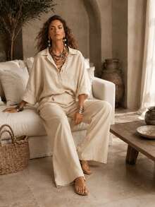 Women's Butter Yellow Textured 2 Pieces Pants Set, Relaxed Collared Half-Button Top & Wide-Leg Trousers, Elegant Casual Early Fall Outfit - Apricot - View 5