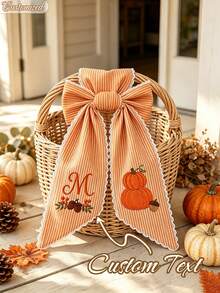 Personalized Custom Embroidered Pumpkin Wreath Ribbon Bow, Striped Fan-Shaped Edge Wreath Ribbon, Custom Text Letter Door Wreath Decoration, Halloween Door Decor Gift, Winter Holiday Front Door Home Decor - Multicolor - View 8
