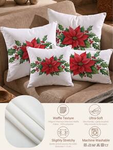 1pc/2pcs Christmas Simple Poinsettia Pattern Waffle Fabric Cushion Cover, Single-Sided Printed Soft Waffle Polyester Material, Waffle Pillowcase Suitable For Room Decoration, Modern Minimalist Sofa Living Room Decor, Gift Giving, Party Decoration - Multicolor - View 2