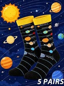 1/3/5 Pairs Cartoon Planet Autumn/Winter Simple Men's Mid-Calf Socks, Best Gift For Boyfriend And Girlfriend, Halloween And Christmas - Multicolor - View 11