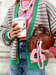 Women's Striped Drop Shoulder Long Sleeve Single-Breasted Casual Knit Cardigan - Green Pink - View 2