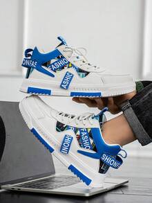 Men's Random Print Pattern Patchwork Atmosphere Ribbon High-Top Sneakers, Fashionable Daily Comfortable Versatile Casual Sports Couple Shoes - White and Blue - View 8