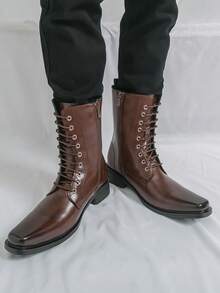Men's Brown Lace-Up Boots, Square Toe, Distressed Leather, Side Zipper, Thick Heel, Structured Silhouette, Clean Lines, Formal Suit Wedding Banquet Boots - Brown - View 11