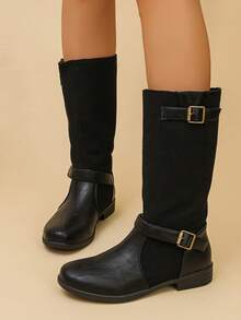 Vintage Ruched Tall Riding Boots For Women, Square Toe Chunky Heel Pant Boots, Soft Leather Shaft Long Boots, Cool Street Style Versatile Slimming Autumn/Winter Women's Boots - Black - View 5