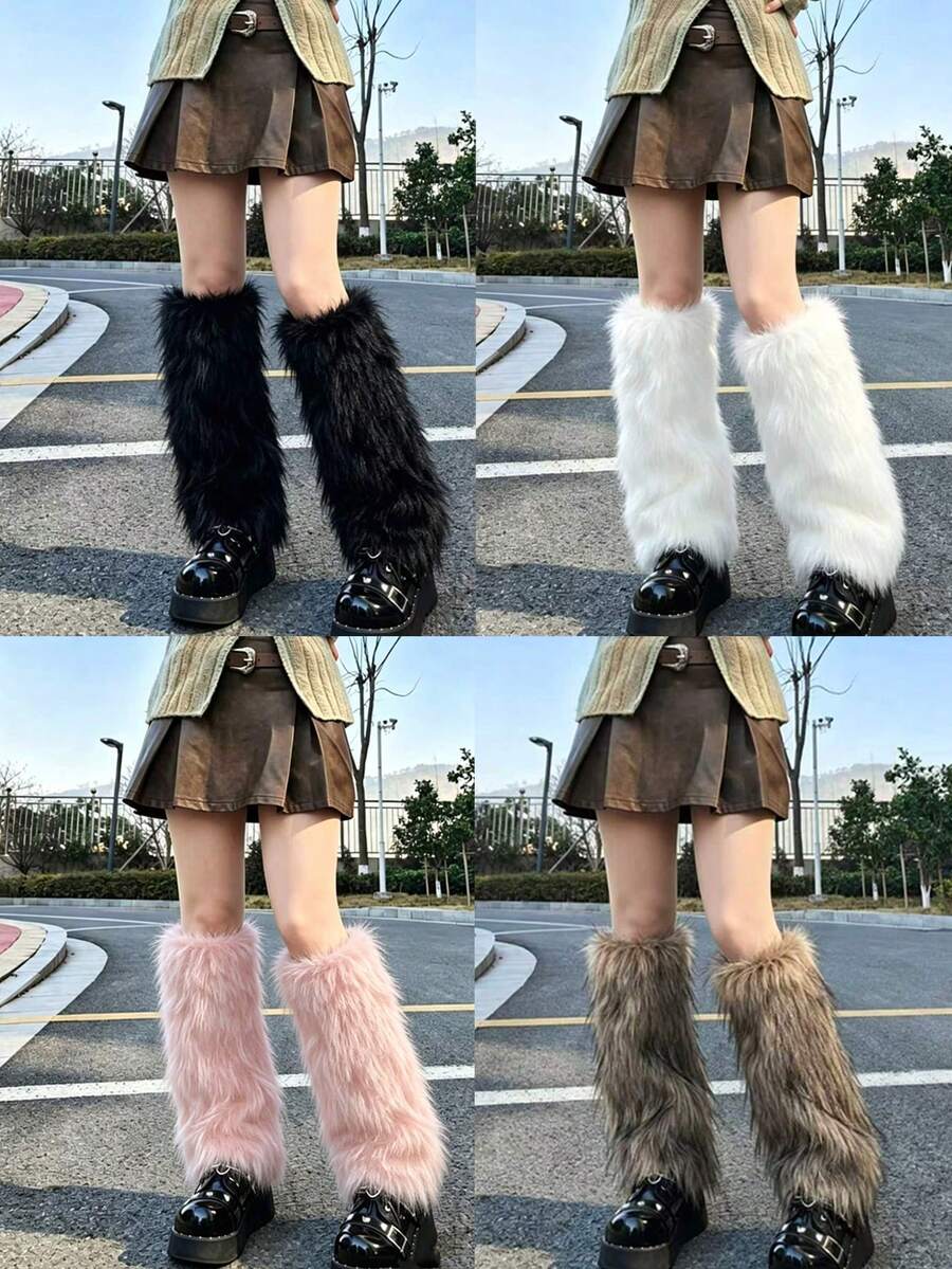 1 Pasang Penghangat Kaki Bulu Imitasi Wanita, Gaya Gothic Y2K, Penutup Sepatu Bot Panjang Berbulu, Kaos Kaki Kaki Hangat Musim Dingin Berwarna-warni - MultiWarna - View 1