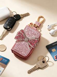 Bow Car Key Case, Key Wallet, Auto Key Protector, Built-In Chain, Protects Car Keys, Can Be Hung On Waist Or Bag, Ideal For Daily Commute And Travel, Suitable For Car Enthusiasts, Can Be Used As Car Key Cover, Remote Control Protector, Fashionable Key Chain, Earphone Bag, Coin Purse, Gift For Women, Lovers, Family, Friends, Birthday Gift, Holiday Gift, Party Gift, Travel Gift - Multicolor - View 2