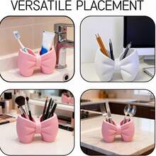1pc Cute Bowknot Toothbrush Holder, Double Compartment Resin Storage Organizer, Desktop Decor, Suitable For Bathroom Countertop, Vanity Table, Hold Toothbrushes, Toothpaste, Makeup Brushes, Cosmetics, Razors, Household Bathroom Accessory - Multicolor - View 4