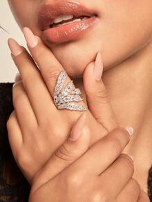 Altistry 1pc Fashionable Elegant Zirconia Maple Leaf Open Ring - Silver + White Zirconium - View 1