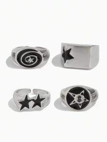 4pcs Men's Rings Vintage Punk Style Mature Handsome Fashion Hip-Hop High-End Star-Shaped Rings, Unique Design Ring Set Multiple Pieces Stackable Unisex Rings Suitable For Men And Women As Couple Rings Ideal Accessory - Silver - View 3