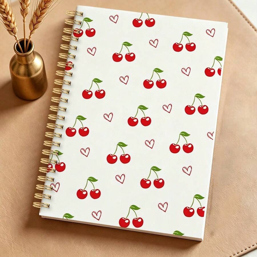 DANPERJI 1pc Cute Cherry Theme 14*21cm Notebook, Spiral Bound Lined Journal, Sweet Cherry & Heart Print, Student Back To School Stationery, Suitable For Daily Planning - Cherry - View 1