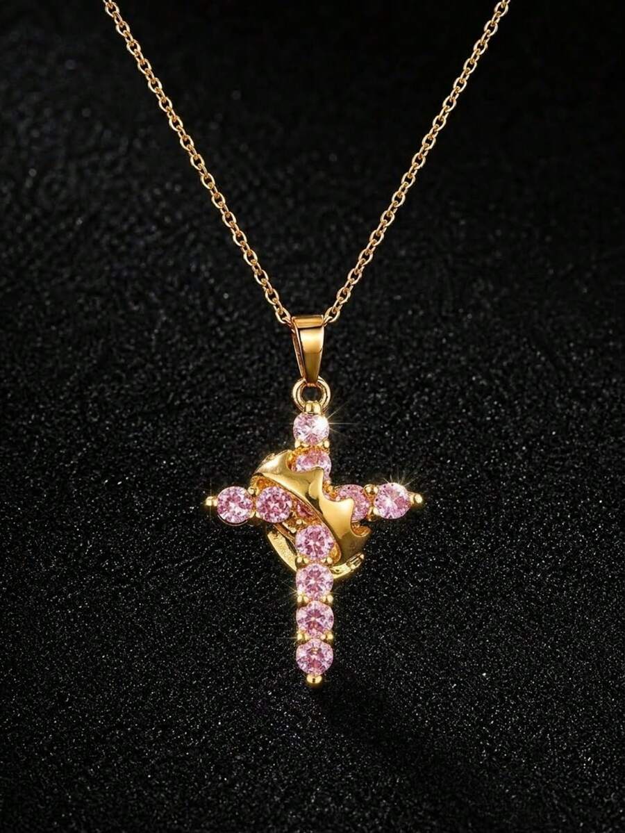 1 buah Kalung Kristal Warna-warni Salib Mahkota yang Dapat Diputar untuk Anak Perempuan, Kalung Religius Kristen untuk Meredakan Stres, Cocok untuk Pesta, Kencan, Prom, dan Dekorasi Sehari-hari - Satu-Ukuran - View 1