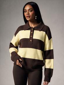 Women's Colorblock Striped Knit Sweater, Half-Button Polo Collar, Dropped Shoulder Loose Fit, Long Sleeve Pullover, Autumn Outfit - Brown - View 8
