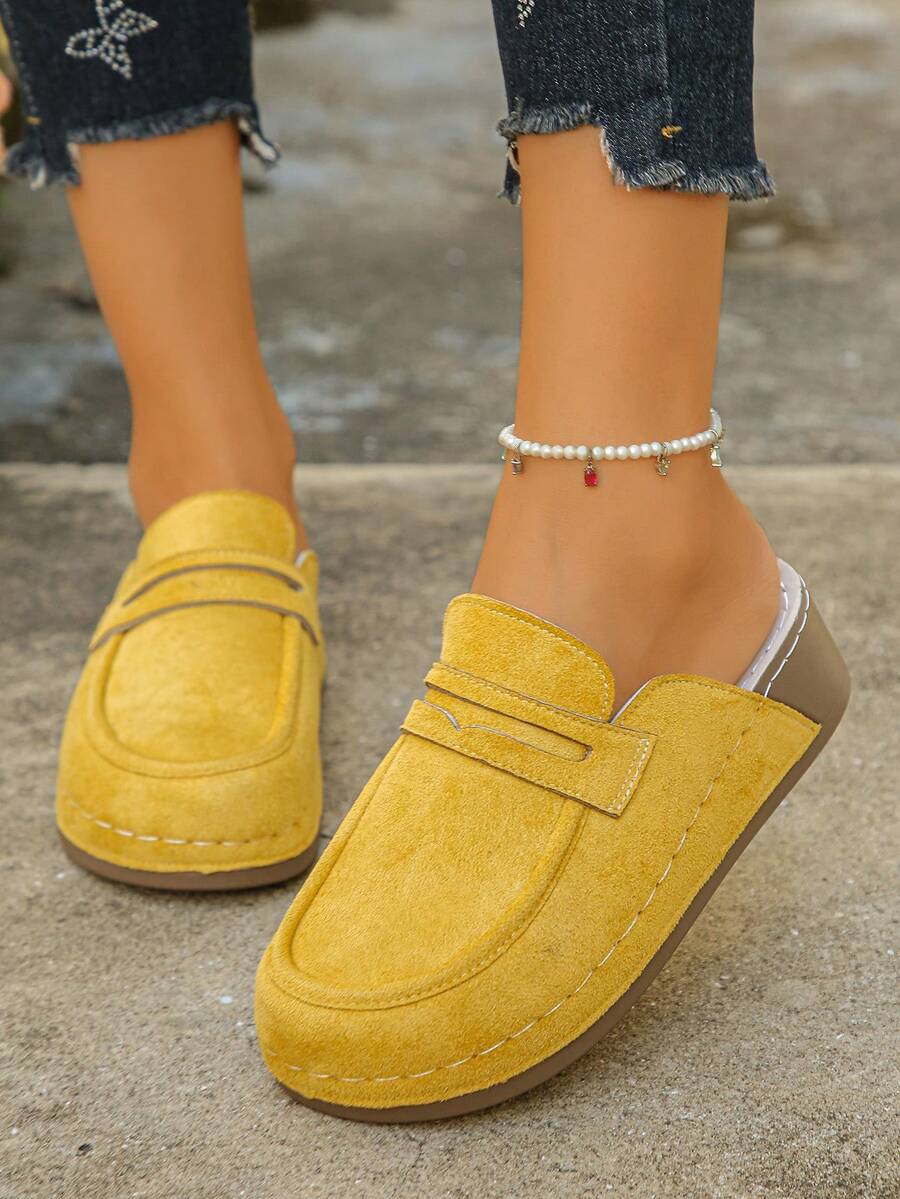Women's Thick Sole Platform Wedge Mule Slippers, Solid Color Round Toe Casual Spring Autumn Daily Outing Yellow Half-Slip Shoes - Yellow Suede - View 1