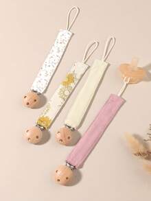 4pcs/Set Baby Corduroy Solid Color Fashion Print Pacifier Anti-Drop Chain, Solid Color Blue Pink Khaki Bowknot Pacifier Chain, Wooden 3-Hole Pacifier Clip, Suitable For Daily Use - Multicolor - View 14