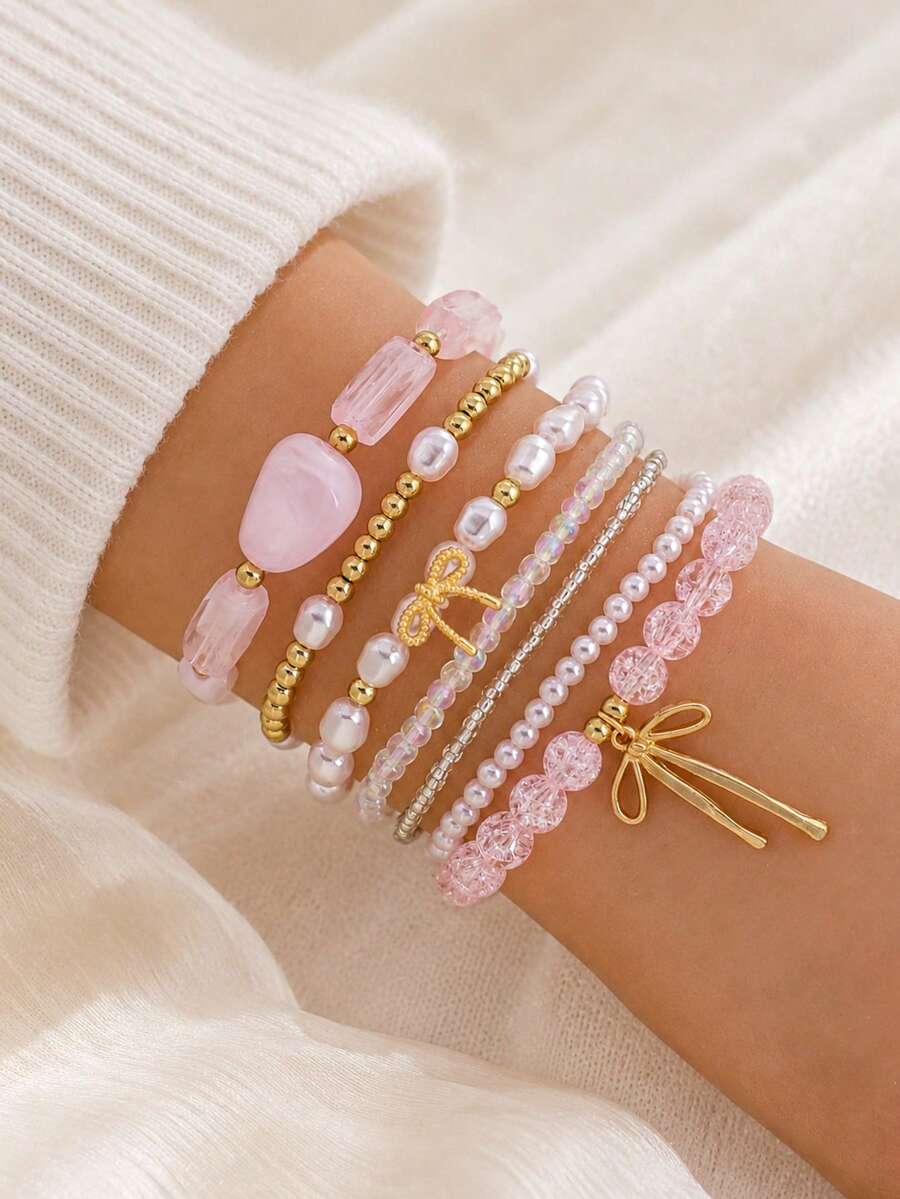 7件組時尚仿珍珠多層串珠蝴蝶結手鍊套組,女性可愛可疊戴串珠手鍊飾品禮物 - 粉色 - 查看 1
