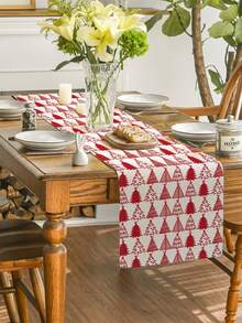 1Pc Christmas Tree Table Runner, Cream Background Red Sketch Xmas Tree, Holiday Table Decor For Kitchen Dining Table, Living Room Indoor Party Home Dinner Decoration - Red and White - View 3