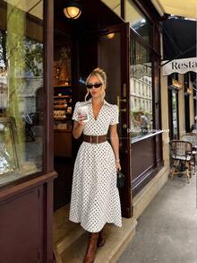 Printed Lapel Women's Dress, Summer Vintage Elegant Commute Puff Sleeve Flared A-Line Midi Dress - Pearl White - View 2