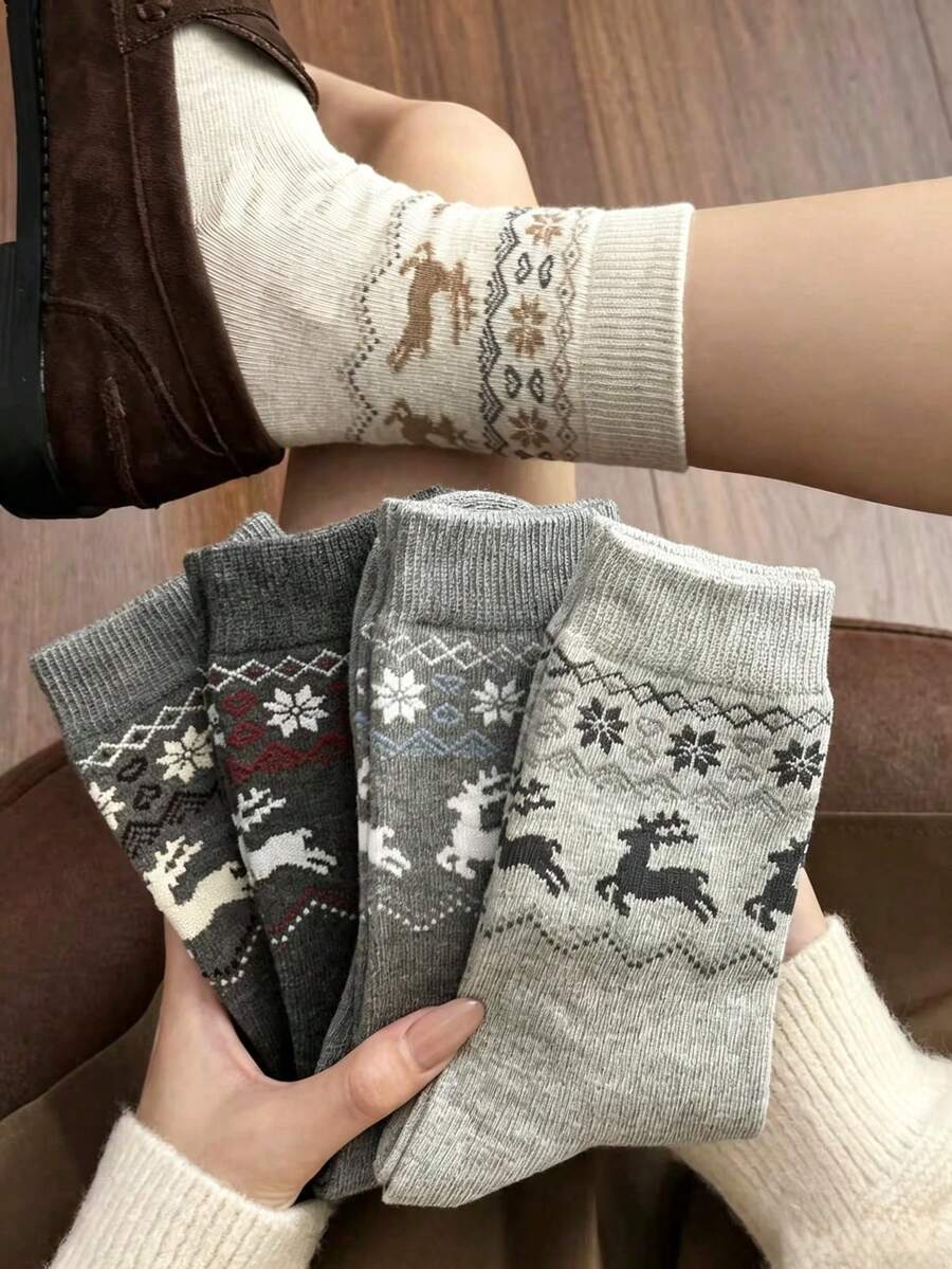 5雙女款復古費爾島中筒襪,鹿與雪花提花圖案,保暖休閒日常襪 - 彩色 - 查看 1