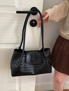 Women's Woven Handbag, Casual Soft Shoulder Tote Bag, Simple Top-Handle Purse For Daily Shopping Work - Black - View 7