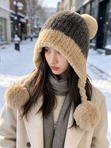 Colorblock Plush Warm Ear Protection Windproof Winter Hat With Pom Pom And Tassel, Soft Warm Headwear For Women, Suitable For Snow Outdoor Daily Wear, 4 Colors Available - Multiple Styles - View 14