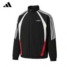 Adidas New Men's Color-Block Striped Windproof Waterproof Woven Versatile Casual Three-Stripe Stand Collar Jacket - Black/Red & White - View 2