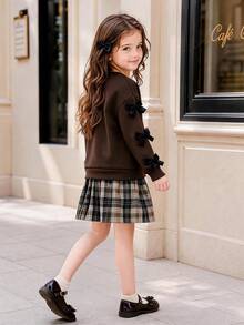 Gaun Sweatshirt Pita Musim Gugur untuk Anak Perempuan Usia 4-8 Tahun, Gaun Patchwork Kotak-kotak Lengan Panjang Cokelat 2 in 1, Pakaian Musim Gugur untuk Anak Perempuan TK - Coffee Brown - View 3