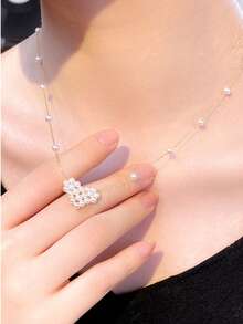 DARA Freshwater Pearl Necklace S925 Silver 3-4mm White Beads Heart-Shaped Starry Design Creative Elegant Style - Love - View 4