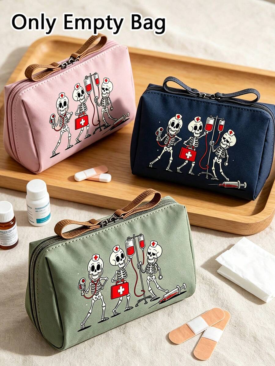 Funny Skeleton Nurse Print Medicine Storage Bag, Portable Travel Storage Bag, Suitable For Daily/Outdoor/Travel, Essential Medical Accessory For Health-Conscious And Frequent Travelers - Multicolor - View 1