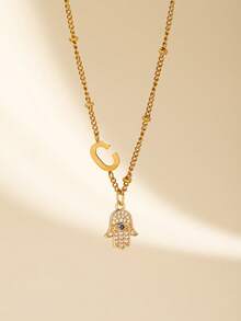 1 Piece Hamsa Hand Pendant Necklace For Women With 26 Letters Charm, Zirconia Eye Design Chain Necklace, Fashion Jewelry, Suitable For Daily Wear - Multicolor - View 7