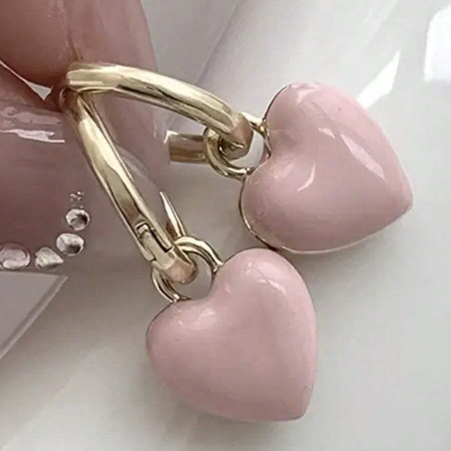 Fashion Pink Heart-Shaped Hoop Earrings, Women's Fashion Accessory - Gold - View 1