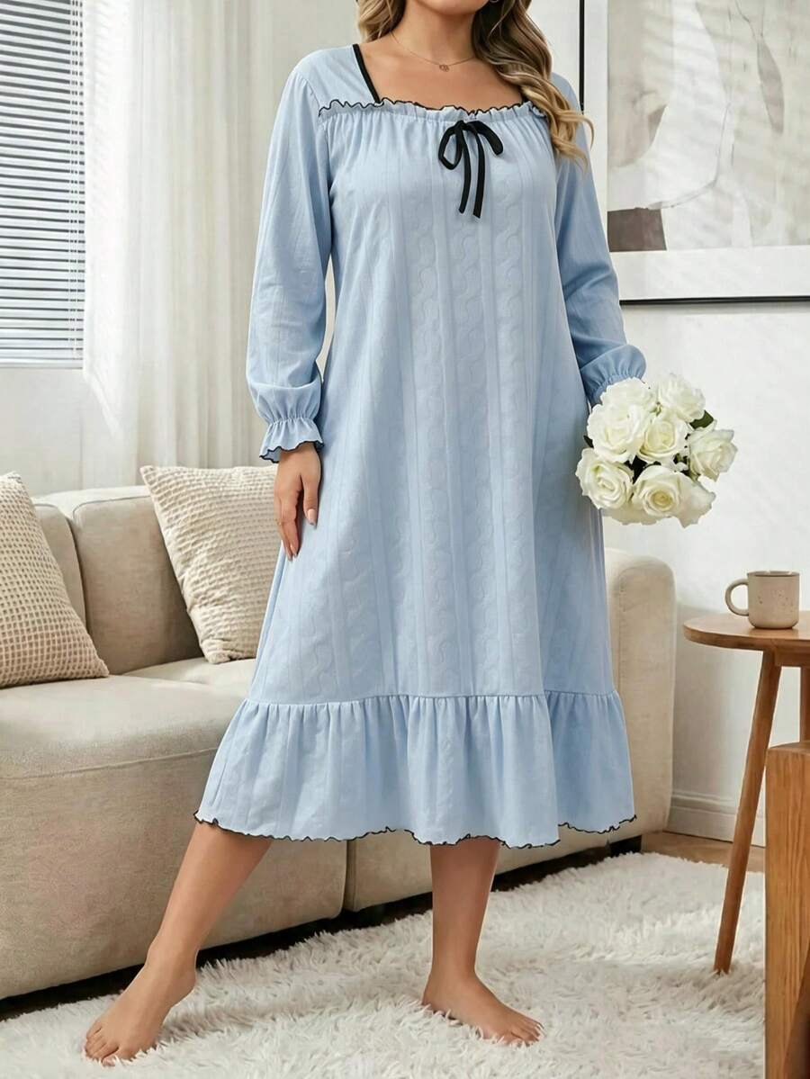 女款甜美風長袖睡袍,附荷葉邊袖口與下擺,可作為居家休閒服穿著 - 霧霾藍 - 查看 1