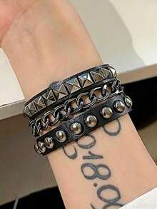 1pc Dark Punk Style Leather Rivet Bracelet, Gothic Rock Leather Wristband With Chain, Party Music Festival Accessory - Multicolor - View 7