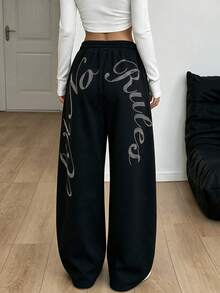 Y2K Style Loose Rhinestone Letter Sweatpants, Autumn Shiny Rhinestone Print Elastic Waist Wide Leg Cuffed Pants, Retro Street Casual Women's Pants - Black - View 3
