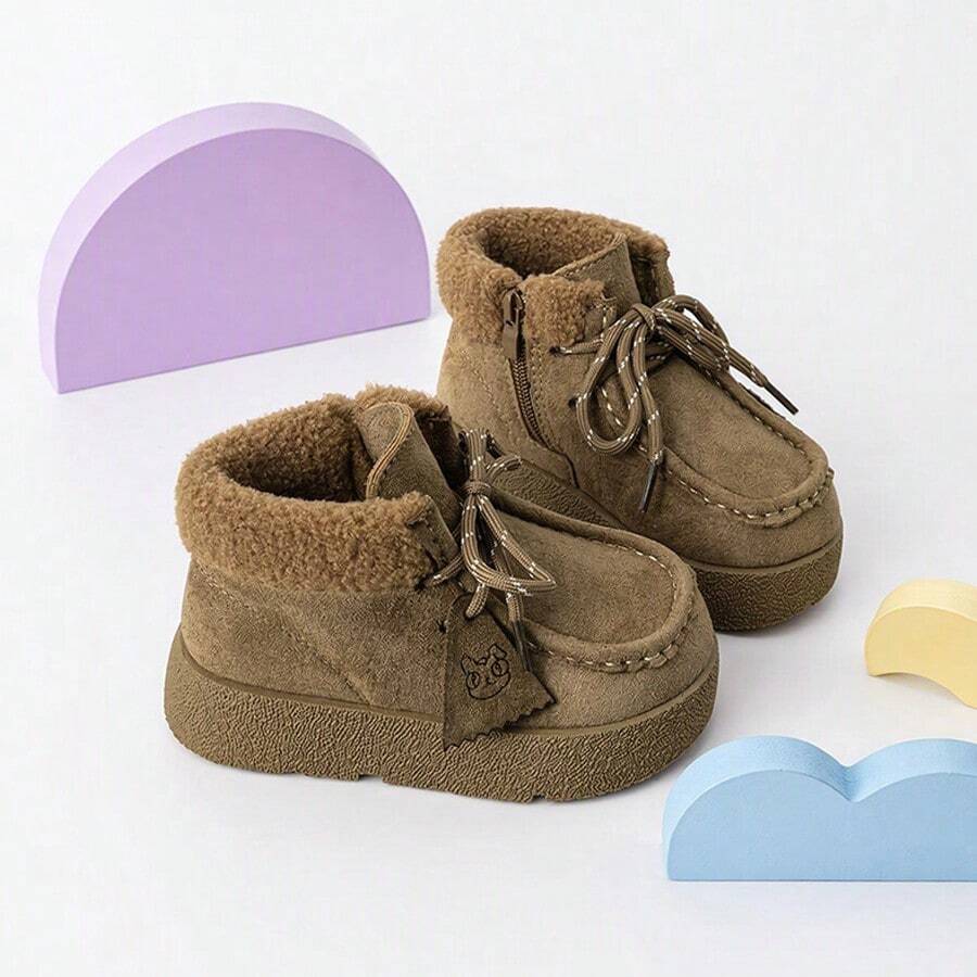 1 Pair Kids' Vintage Lace-Up Side Zipper Camel Thermal Lined Short Snow Boots, Suitable For Winter Campus Life And Daily Shopping - Camel - View 1