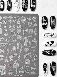 1Pc Gothic Style Nail Stamp Plate 3D Mixed Halloween Snake Bat Black Cat Ghost Skull Pattern Nail Printing Template Reusable Stainless Steel Nail Transfer Tool For DIY Manicure Decorations - Multicolor - View 3