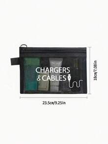 網格拉鍊收納袋，印有「Chargers And Cables」字母圖案，多功能便攜收納包，數位配件包、化妝包、保養品包、零錢包、旅行盥洗包，適用宿舍用品、婚禮新娘禮物、生日禮物、送給朋友與老師的禮物，浴室收納 - 彩色 - 查看 12