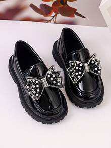 Girls' Glossy Colorblock Loafers With Pearl Rhinestone Bow Decor, Thick Sole Slip-On Non-Slip Casual Princess Shoes - Black - View 2