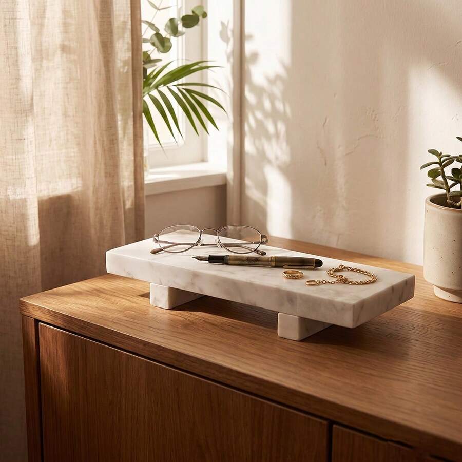 1pc Double Foot Design Natural Marble Tray, 5 Colors Available, Jewelry Storage, Bathroom Entryway Desktop Luxury Decor - White - View 1