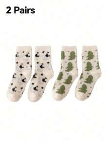 2 Pairs Cute Cow Pattern Plush Round Neck Fluffy Socks, Thick Warm Coral Fleece Socks, Soft & Comfortable, Suitable For Daily Wear, Holiday, Winter Home Warmth, Cozy & Caring - Multicolor - View 16