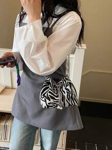 2026新款斑馬紋迷你水桶包，金屬鍊條抽繩斜挎單肩包，秋冬時尚女款手提包 - 黑色 - 查看 6
