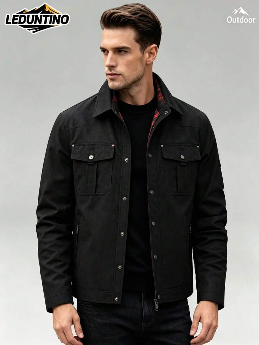 LEDUNTINO [Spring/Summer] Men's Fashion Workwear Jacket, Sporty Style, Solid Color Plaid Design, Long Sleeve, Spring/Autumn Shirt, Turn-Down Collar, Button, Flap Pocket, Fashion - Black - View 1