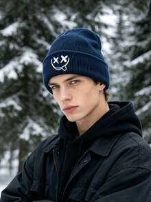 1pc Unisex Multi‑Color Cuffed Knitted Beanie Hat, X‑Eyes Smiling Face Graphic Print, Soft Warm Fall Winter Headwear, Versatile Casual Cap For Outdoor - Multicolor - View 2