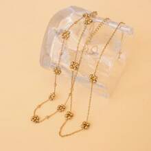 1pc Stainless Steel 18K Gold Plated Handmade Beaded Flower Chain Necklace For Women, Minimalist Four-Leaf Clover Flower Necklace Suitable For Daily Wear - Yellow Gold - View 4