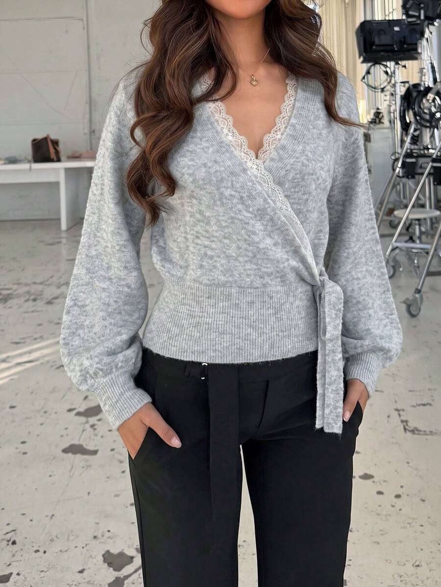 Chic Women's V-Neck Wrap Sweater In Light Grey, Soft Knit With Delicate Lace Edge, Casual Daily Wear Or Spring Outings - Light Grey - View 1