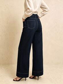 Women's Straight Leg Loose Drape Wide Leg Denim Jeans With Pockets - Dark Wash - View 5
