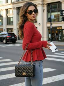 HOMEYEE Women's Bright Red Round Neck Cable Knit Sweater With Metal Bow Button Front, Cinched Waist, Ruffle Hem, Slim Fit Long Sleeve Pullover Top - Red - View 4